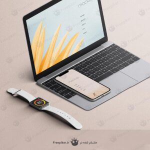 موکاپ جذاب اپل واچ کنار لپ تاپ