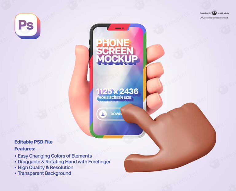 موکاپ سه بعدی گوشی در دستان سفید و در حال تماس با دست سیاه