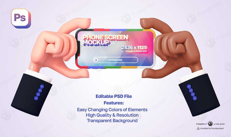 موکاپ سه بعدی گوشی در دستان سیاه و سفید و در جهت افقی