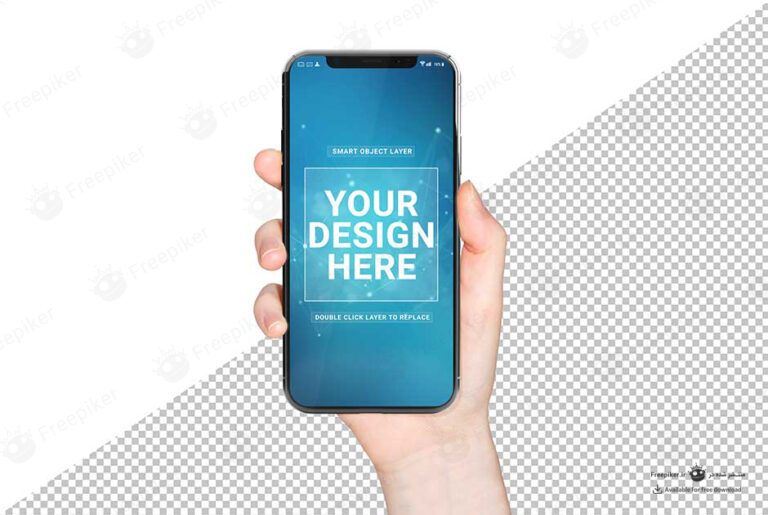 موکاپ گوشی آیفون در دست راست از نمای روبرو