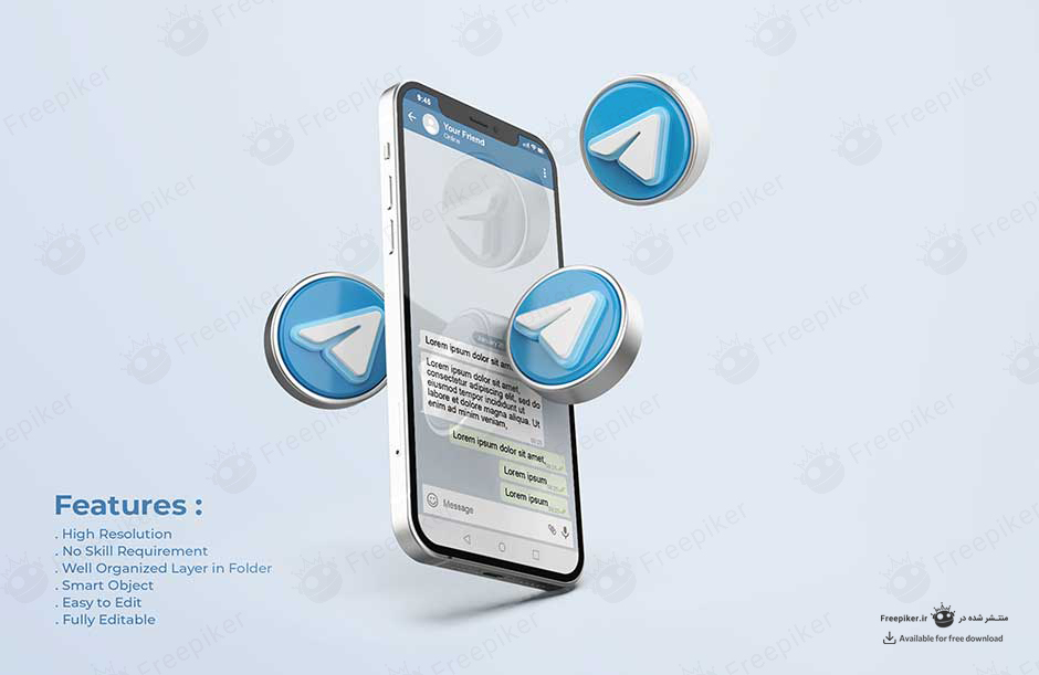 موکاپ صفحه چت تلگرام در گوشی آیفون به همراه لوگوهای سه بعدی تلگرام