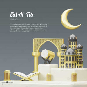 بکگراند سه بعدی ماه رمضان شامل ماه و فانوس و محراب و مسجد