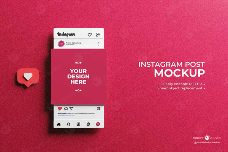 موکاپ سه بعدی صفحه اینستاگرام در بک گراند قرمز در گوشی