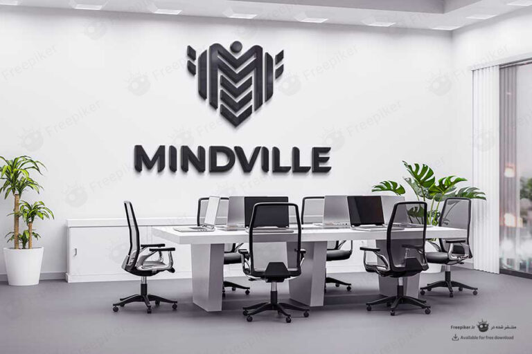 موکاپ لوگو روی دیوار اتاق جلسات شرکت لاکچری و شیک