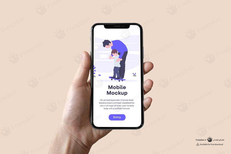 موکاپ صفحه گوشی در دست چپ در بکگراند کرمی