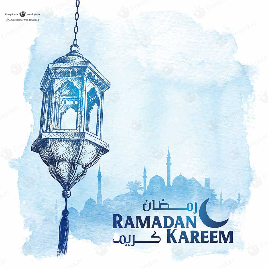 بنر مناسبتی ماه رمضان با تم فانوس عربی و بصورت نقاشی شده با رنگ آبی