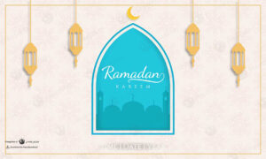 وکتور مناسبتی ماه رمضان با فانوس های روشن و محراب آبی روشن و جذاب