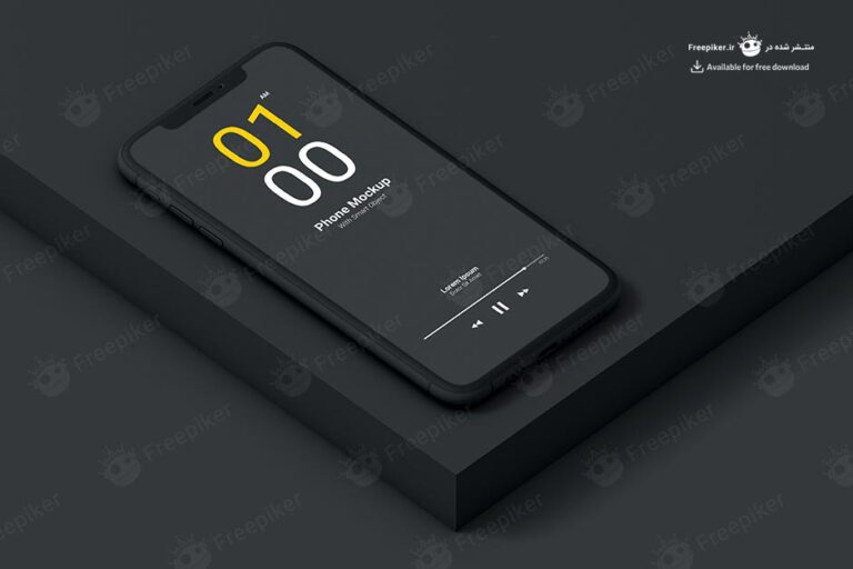 موکاپ گوشی مشکی روی صفحه مشکی