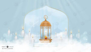 وکتور مناسبتی ماه رمضان فانوس روشن در میان محراب و ابر و شمع های سفید روشن و جذاب