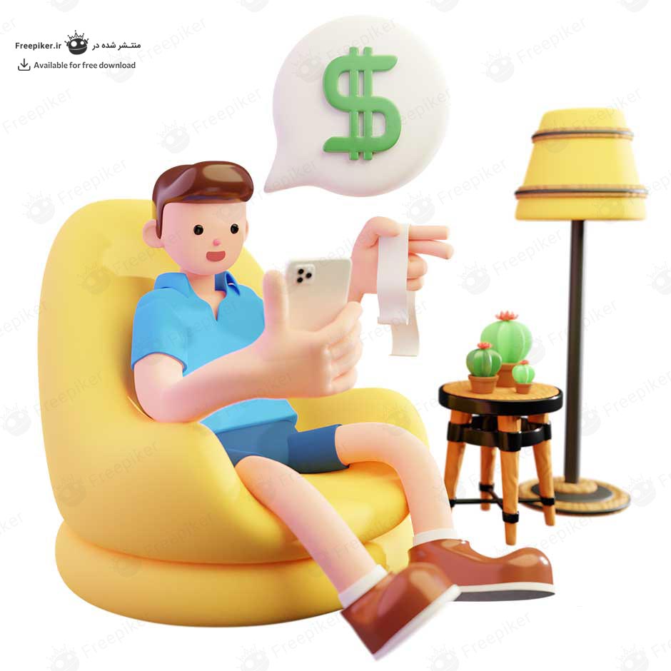 کاراکتر سه بعدی پسر نشسته روی مبل در حال پرداخت قبض