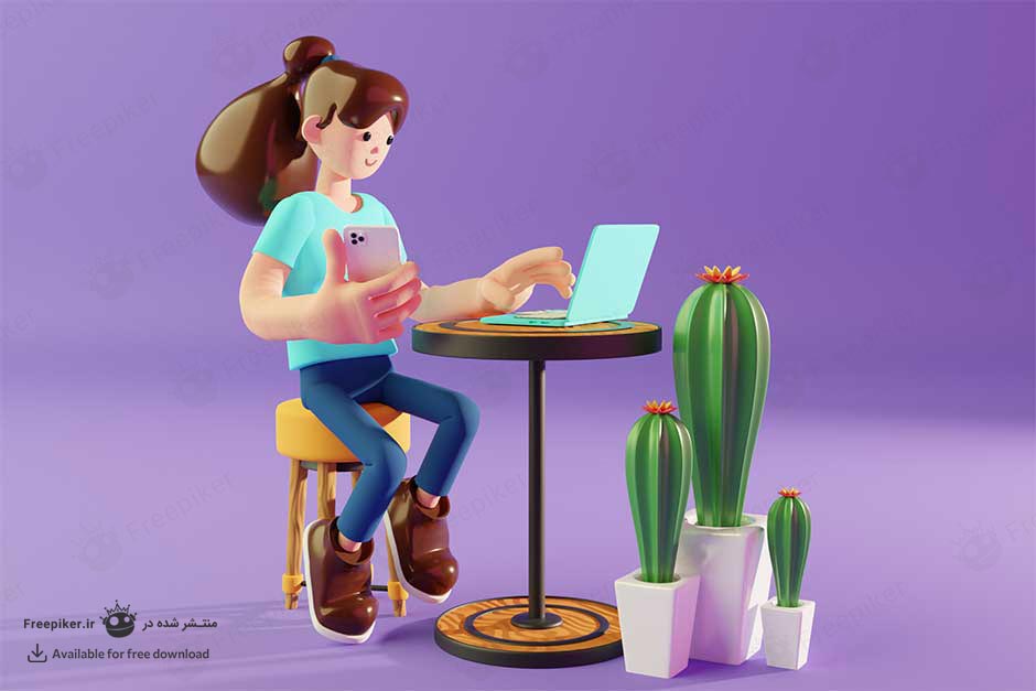 کاراکتر سه بعدی دختر در حال کار کردن با لپ تاپ آبی و موی بلند