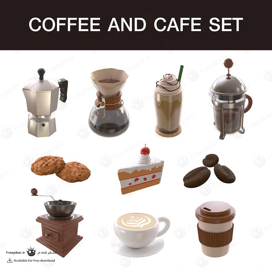 سه بعدی وسایل قهوه ساز و کیک و شیرینی و لیوان قهوه خوری
