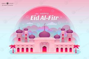 وکتور مسجد و تبریک عید فطر با تم رنگی آبی صورتی
