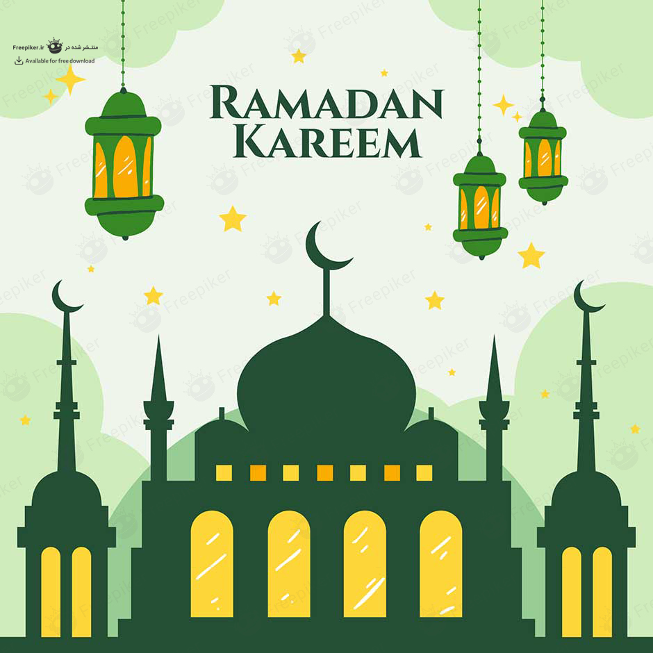 وکتور مسجدو فانوس های عربی مناسب ماه رمضان و عید فطر با تم رنگی زرد و سبز جذاب