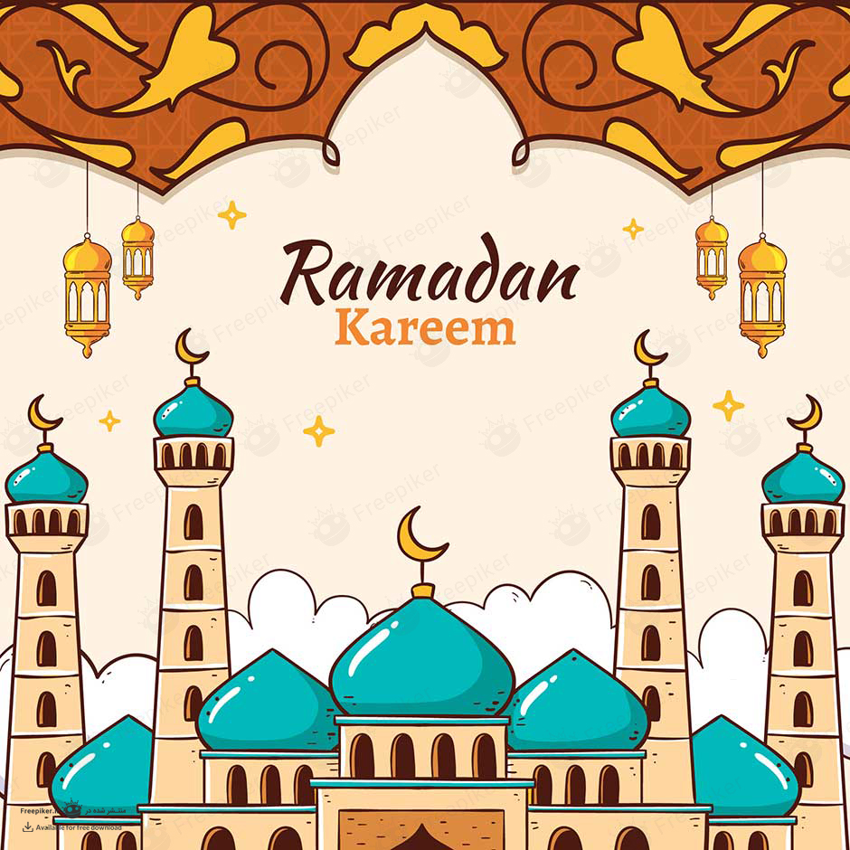 بنر تبریک ماه رمضان در بکگراند مساجد با گنبد جذاب فیروزه ای و فانوس های طلایی