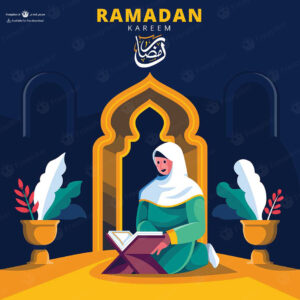 وکتور دو بعدی زن محجبه در حال خواندن قرآن مناسب ماه رمضان و محرم