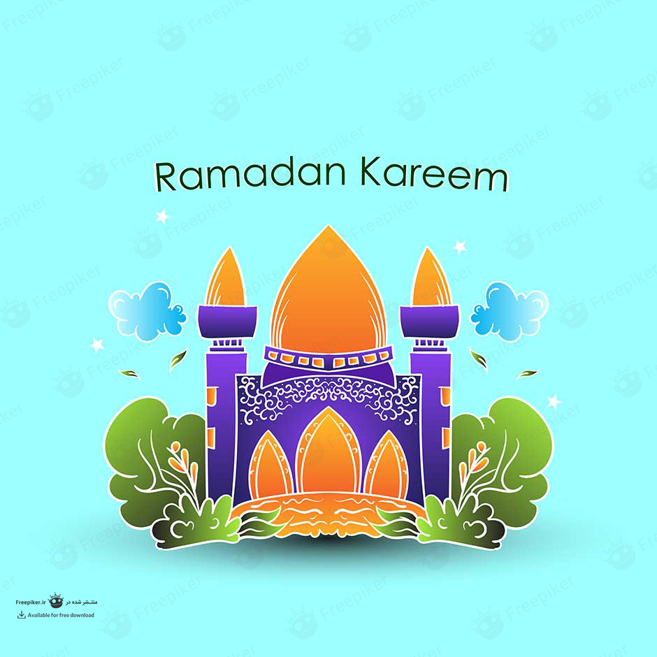 بنر تبریک ماه رمضان با تصویر سه بعدی مسجد بنفش و نارنجی