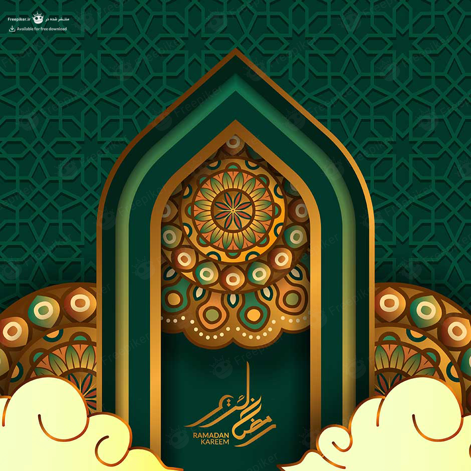 وکتور کارت پستال مذهبی محراب جذاب مسجد با تم سبز