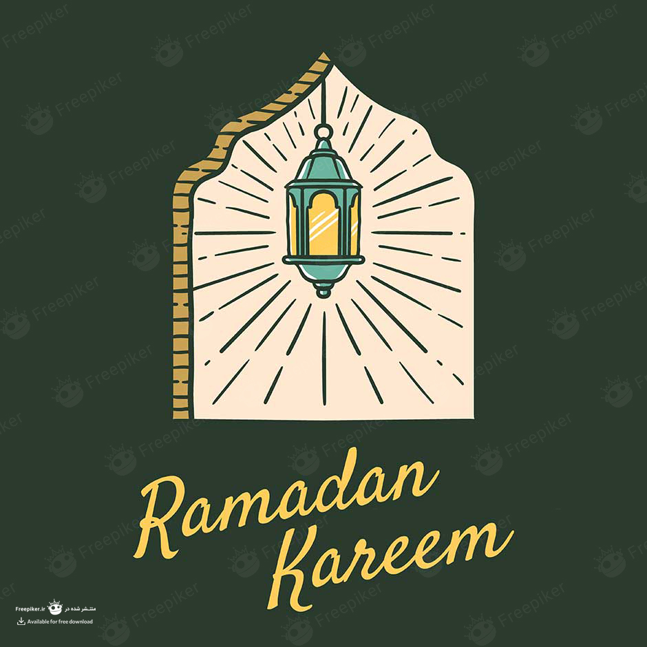 بنر ایزومتریک ماه رمضان با فانوس روشن زرد در بکگراند سبز