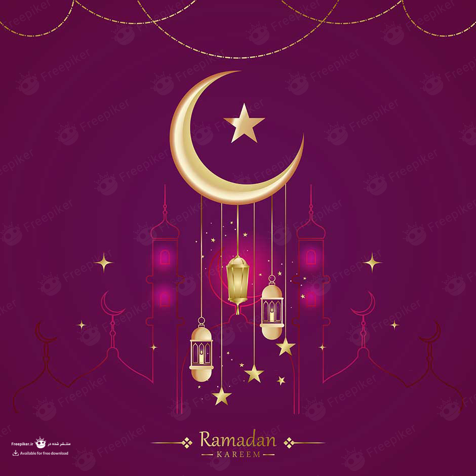 وکتور ماه و ستاره و فانوس در بکگراند بنفش برای ماه رمضان