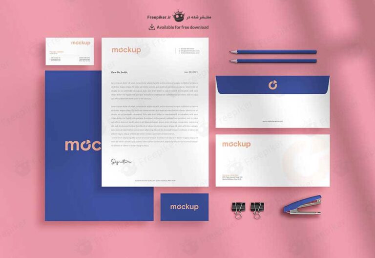 موکاپ ست اداری با رنگ های فانتزی صورتی و بنفش