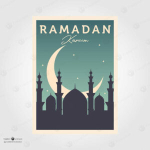 پوستر هلال ماه و مسجد در بکگراند سبز زیبا و خاص برای تبریک ماه رمضان