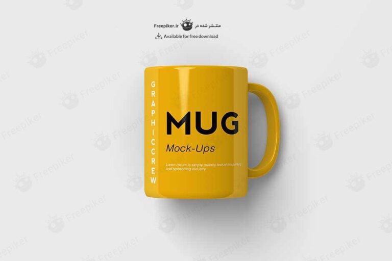 موکاپ ماگ زرد رنگ از نمای بالا در پس زمینه روشن