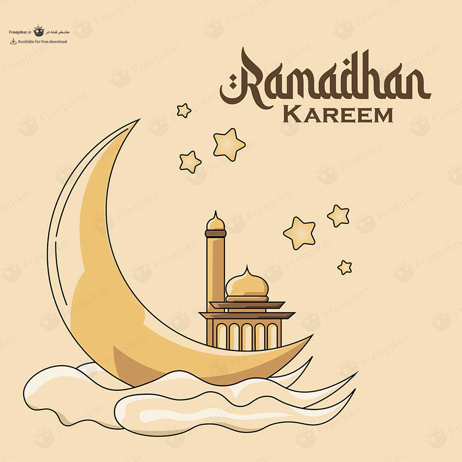 وکتور کارتونی مسجد و ماه بزرگ روی ابرها و ستاره ها برای استفاده در پست های ماه رمضان با تم طلایی