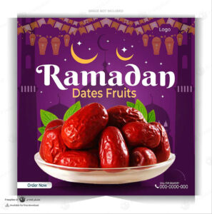 پست اینستاگرام مناسبتی ماه رمضان با تصویر کاسه خرما و آیتم های ماه و ستاره در بکگراند بنفش