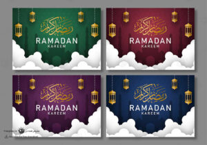 پکیج 4 عددی بنر سایت و کارت پستال مناسب استفاده برای ماه رمضان با آیتم های فانوس روشن در میان ابرها