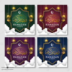 پکیج 4 عددی پست اینستاگرام مناسب استفاده برای ماه رمضان با آیتم های فانوس روشن در میان ابره و تایپوگرافی رمضان