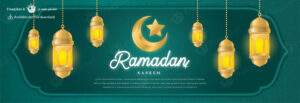 تایپوگرافی ماه رمضان در بکگراند سبز با ماه و ستاره و فانوس زرد عربی