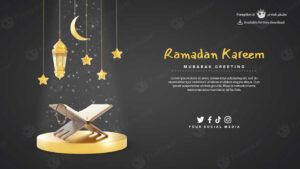 بنر مناسبتی ماه رمضان با تصویر وکتور قرآن و فانوس عربی و ماه و ستاره در بکگراند مشکی