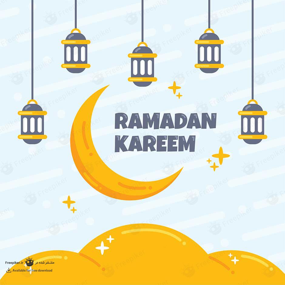 وکتور کارتونی فانوس و ماه طلایی جذاب برای تبریک ماه رمضان