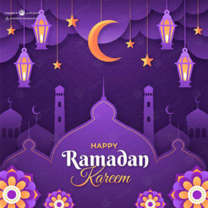 وکتور مناسبتی ماه رمضان در بکگراند بنفش ماه و ستاره و مسجد و فانوس های عربی زیبا