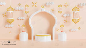 تصویر سه بعدی بنر صورتی رنگ برای تبریک ماه رمضان در سایت