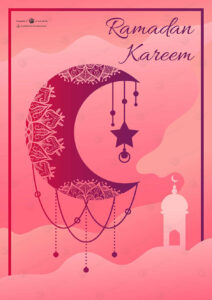 پوستر ماه و ستاره زیبا در آسمان صورتی مناسب برای تبریک ماه رمضان