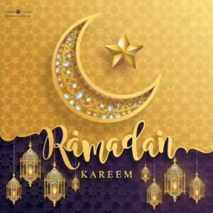کارت پستال تبریک ماه رمضان به صورت سه بعدی با تصویر ماه الماس دار و فانوس های عربی جذاب در تم طلایی