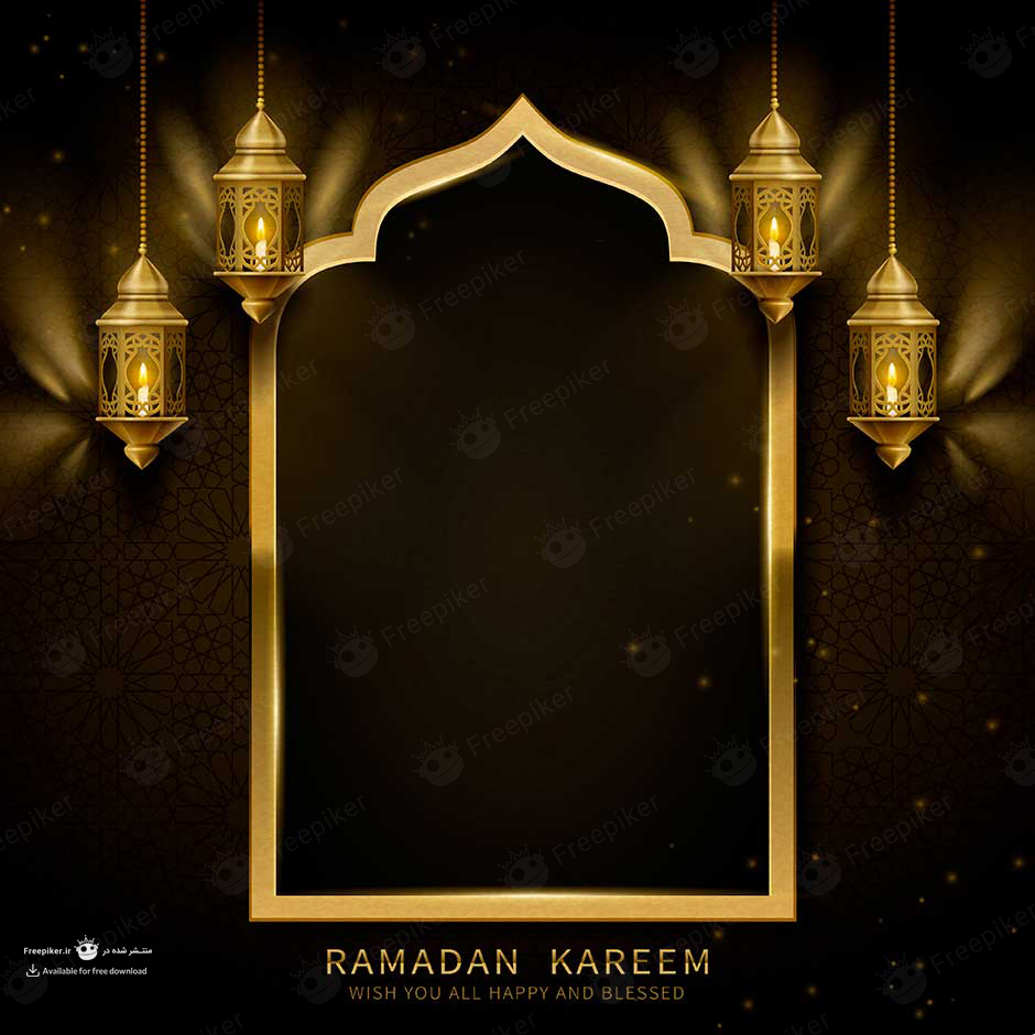 پوستر اینستاگرام مناسبتی ماه رمضان با فانوس های عربی و محراب طلایی در بکگراند مشکی