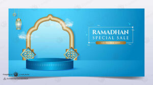 تصویر سه بعدی سکو با فانوس و مدل مذهبی برای فروش محصول در ماه رمضان