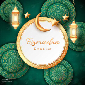 وکتور تبریک ماه رمضان در بکگراند سبز طلایی لوکس با فانوس های عربی طلایی