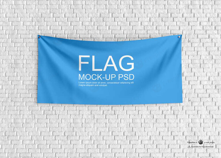 موکاپ بنر پارچه ای آبی روی دیوار آجری سفید