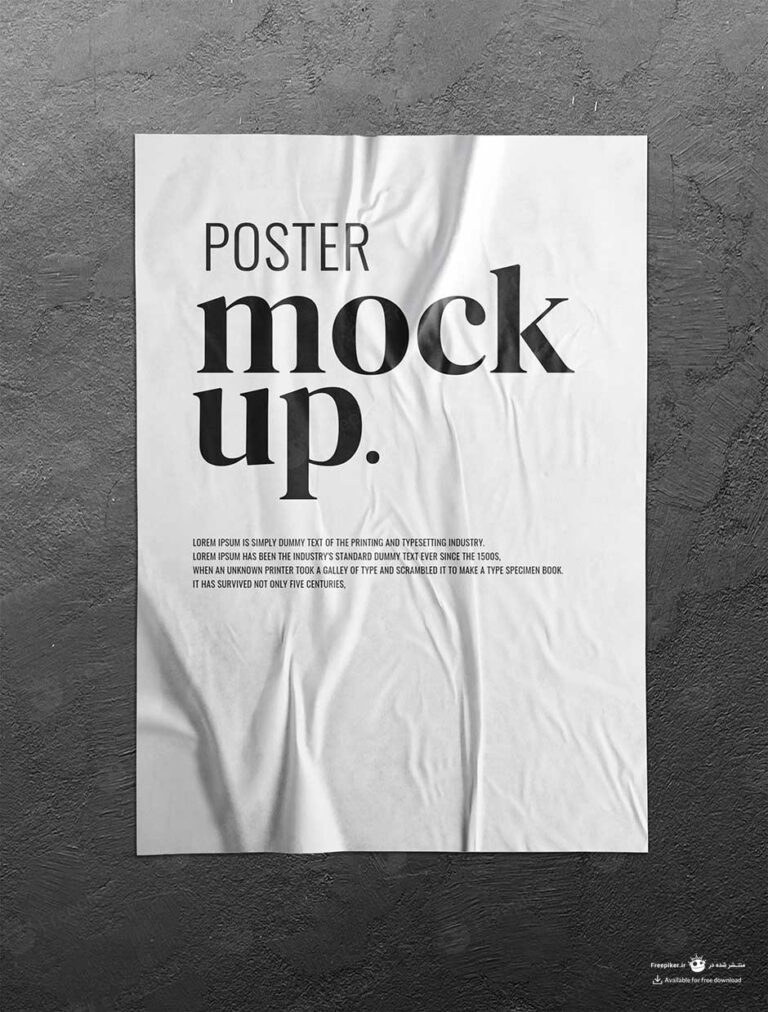موکاپ پوستر کاغذی سفید چروک روی دیوار مشکی