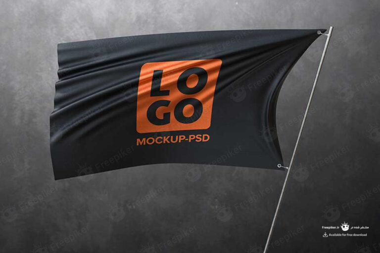 موکاپ لوگو روی پرچم مشکی در حال احتزاز در بکگران مشکی