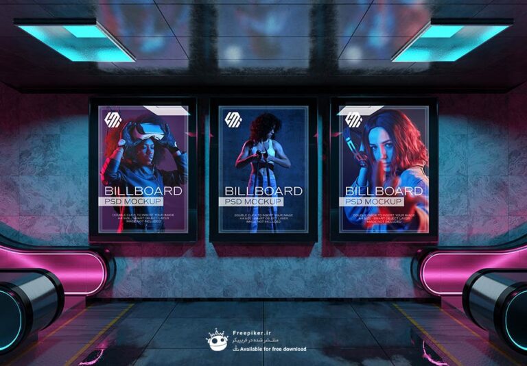 موکاپ سه پوستر در نمای مترو با دیزاین بلک لایت و نئونی