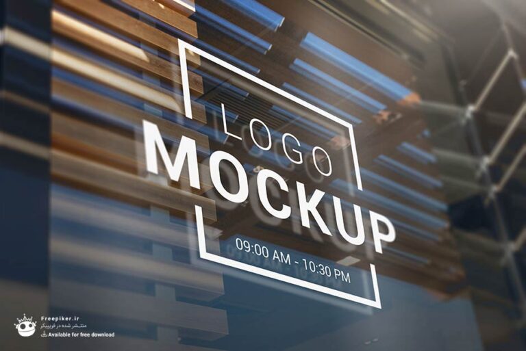 موکاپ لوگو روی شیشه از نمای کناری
