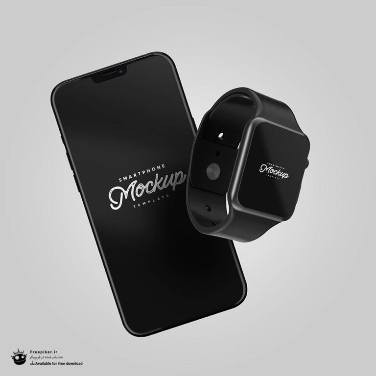 موکاپ گوشی اپل و ساعت آی واچ کنار هم با رنگ مشکی