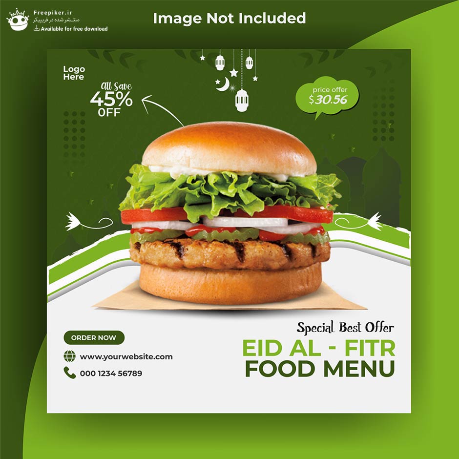 قالب اینستاگرام مخصوص رستوران و فست فود برای نمایش عکس غذاها با تم رنگی سفید و سبز