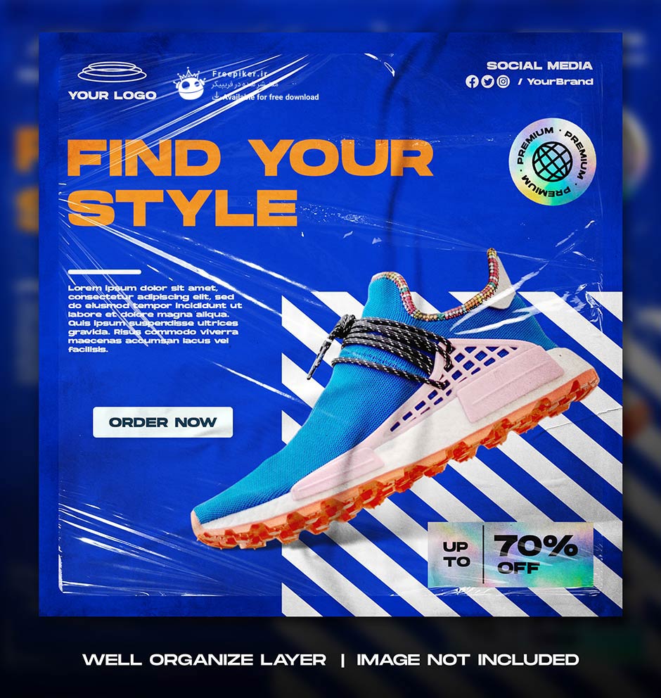 قالب اینستاگرام معرفی محصولات و کفش با تم رنگی آبی و نارنجی