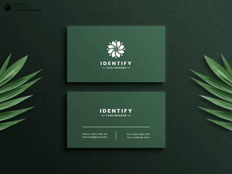 موکاپ کارت ویزیت سبز مدرن در بک گراند شاخ و برگ